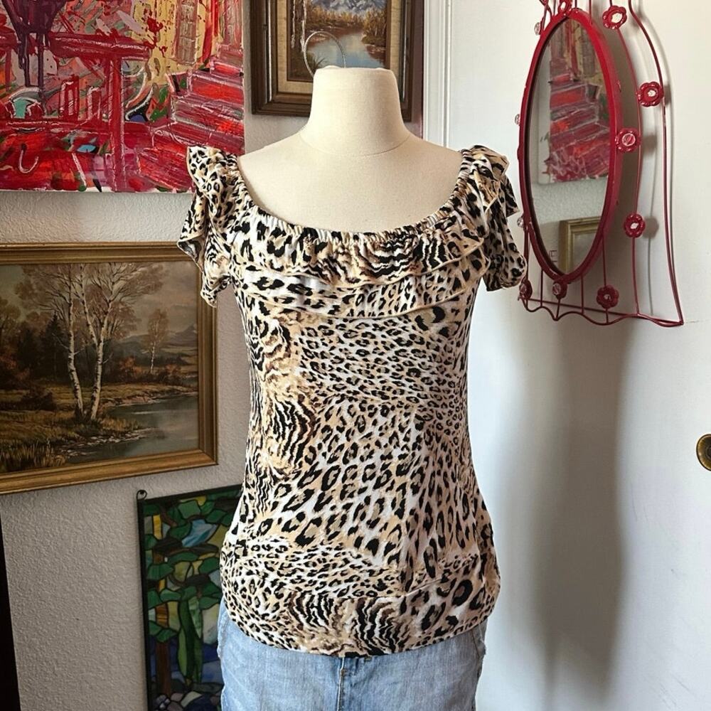 Essentials Milano Brown Leopard Print Blouse Top - image 1